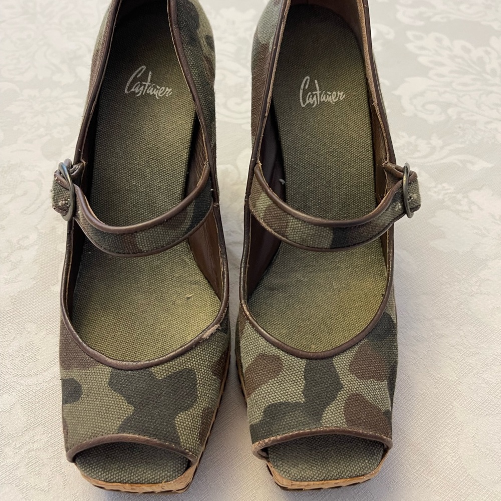 Castañer camouflage cork wedges (Mary Jane style with a peep toe!)